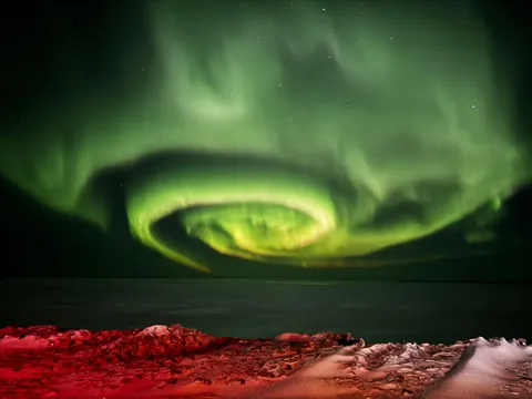 Crazy spiral aurora last night in Northwestern Alaska. Never seen anything like this before.