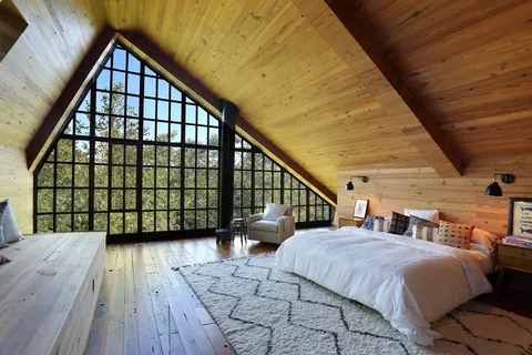 Spacious attic bedroom with a giant window under a vaulted ceiling, Bridgehampton, South Fork, Suffolk County, Long Island, New York [OS] [2364×1576]