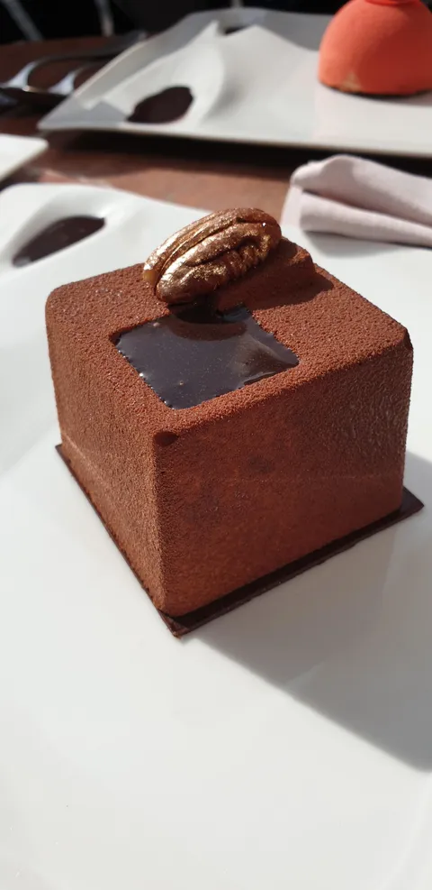 Chocolate pastry with vanilla center, gilded walnut and a little pool of chocolate sauce on top!