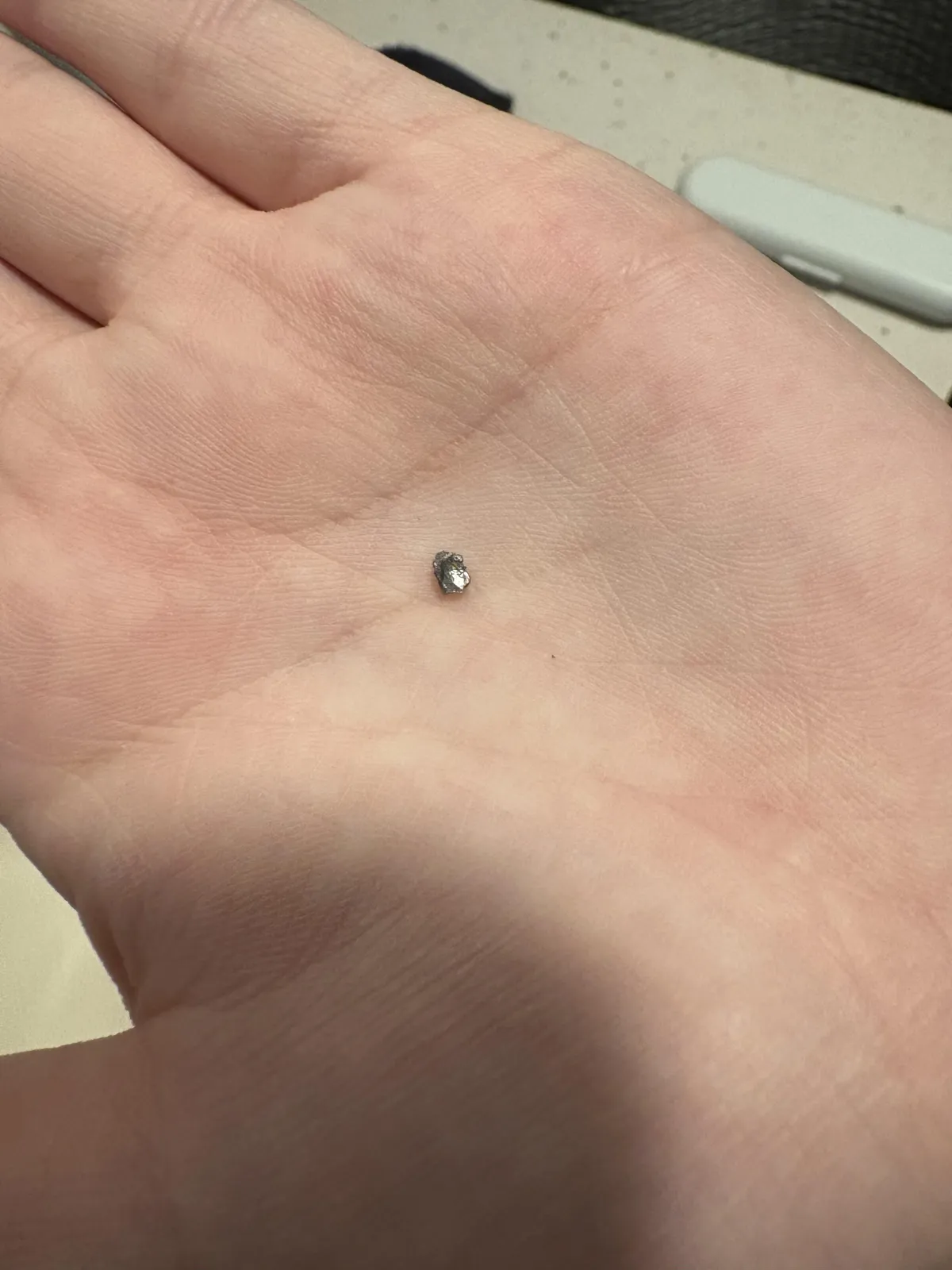 Piece of metal that was stuck on top of one of my wife’s back teeth after eating spaghetti