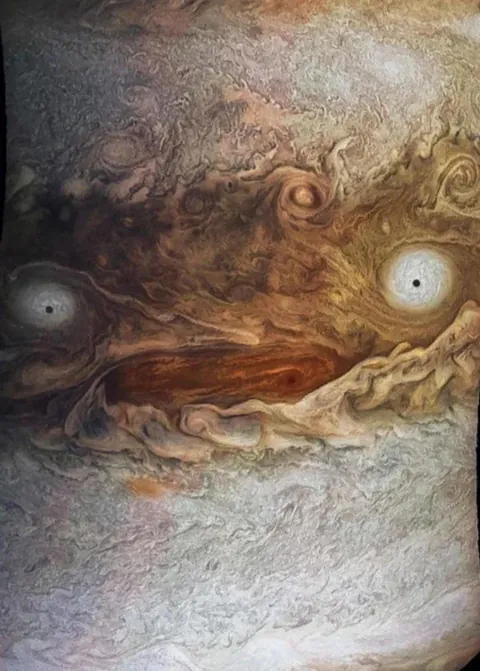 A close-up photograph of the planet Jupiter