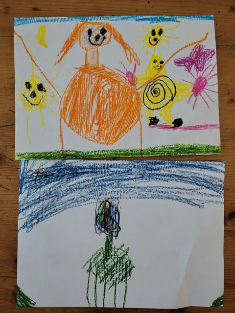 Drawings my 4 year old made before and after being in time out for hitting his little sister