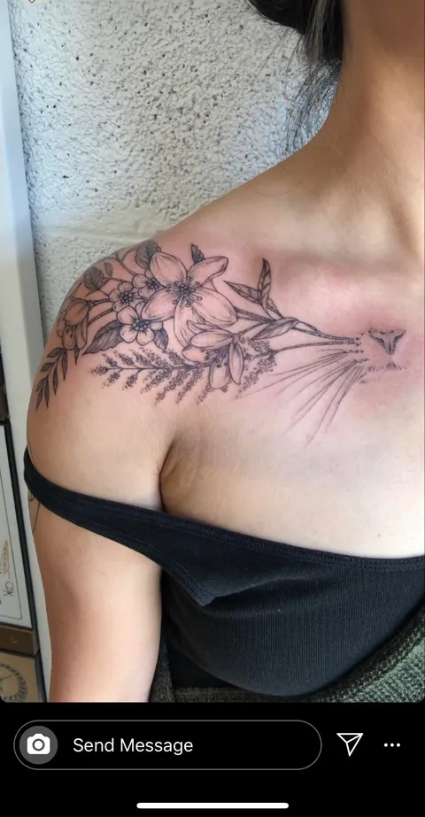 Cat memorial tattoo with flowers she loved to eat by Dustin Charles @ Ritual Electric in Tulsa, OK