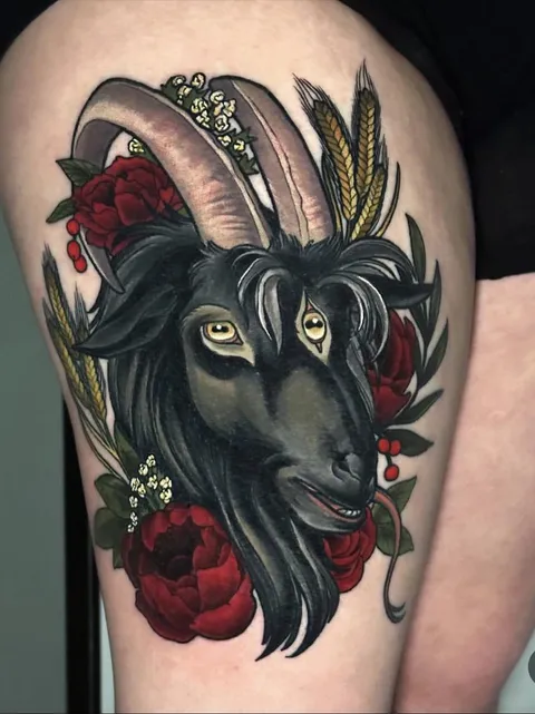3 eyed goat head done by Selah Davenport at Girl and Goblin in Asheville, NC
