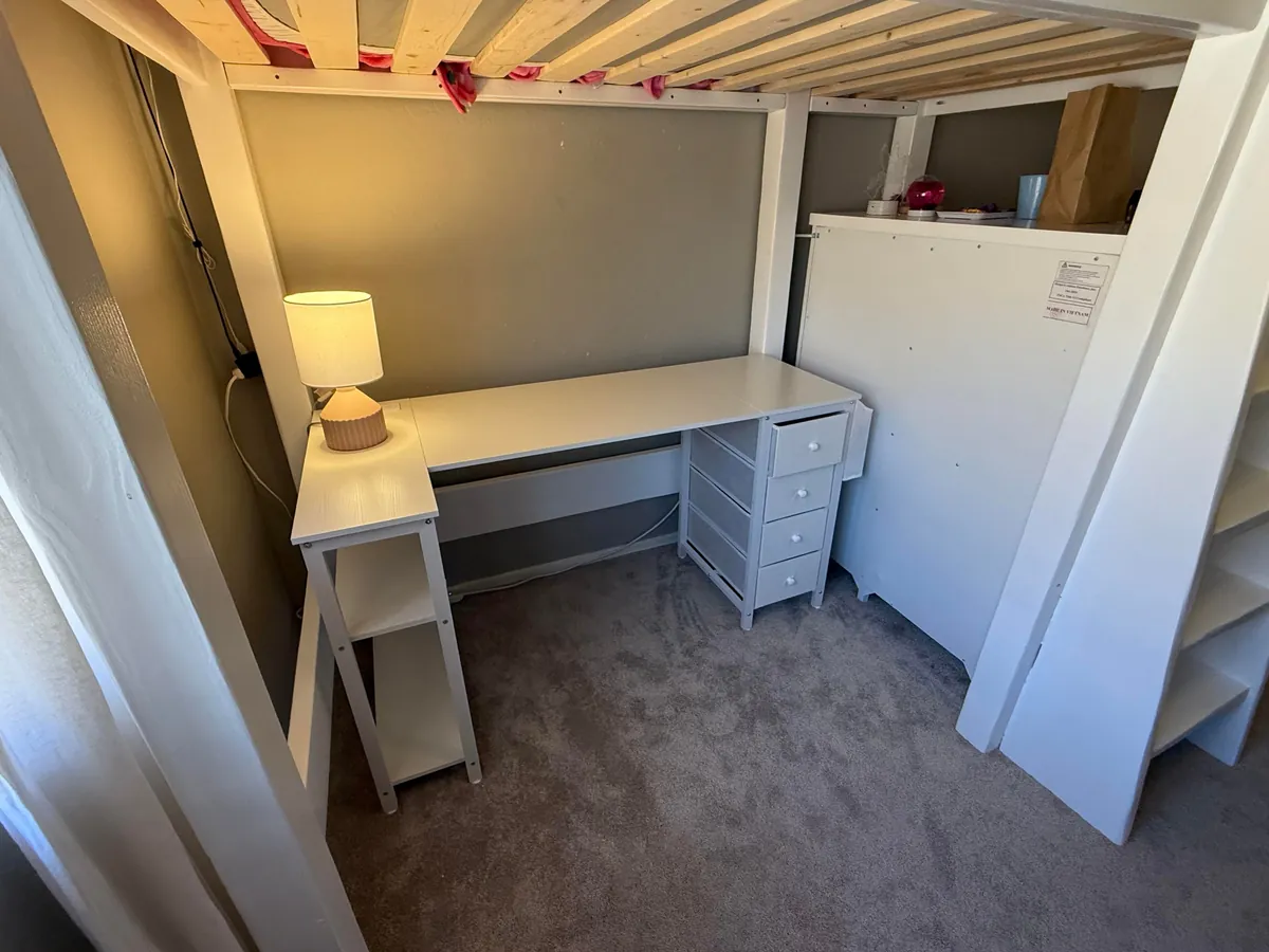 Built my daughter a new bed with a built in dresser and desk