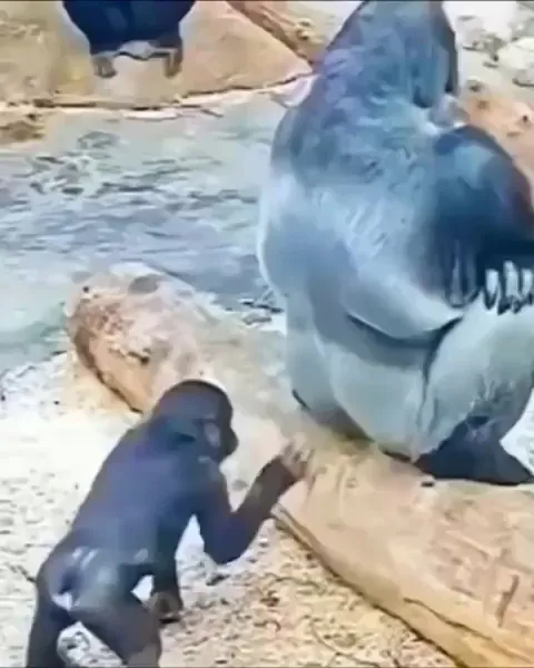 Young gorilla trolls his parent