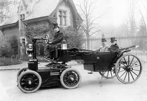 Duke Alexis of Russia on his modified carriage to use a electric landau tractor insteand of horses circa (1898)