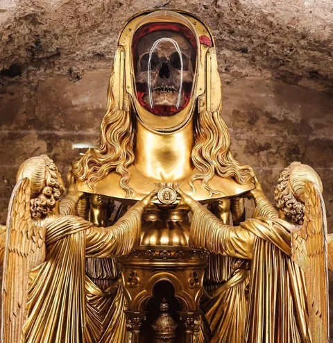 The purported skull of Mary Magdalene displayed in a golden reliquary at the basilica of Saint-Maximin-la-Sainte-Baume