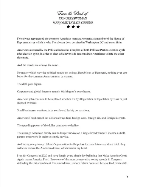 Marjorie Taylor Greene has announced her resignation from Congress, taking effect from January 5th.