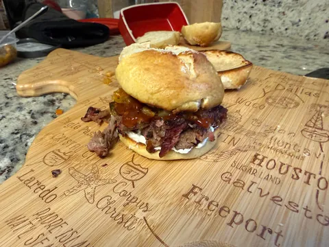 [Homemade] Smoked beef sandwich on pretzel bun