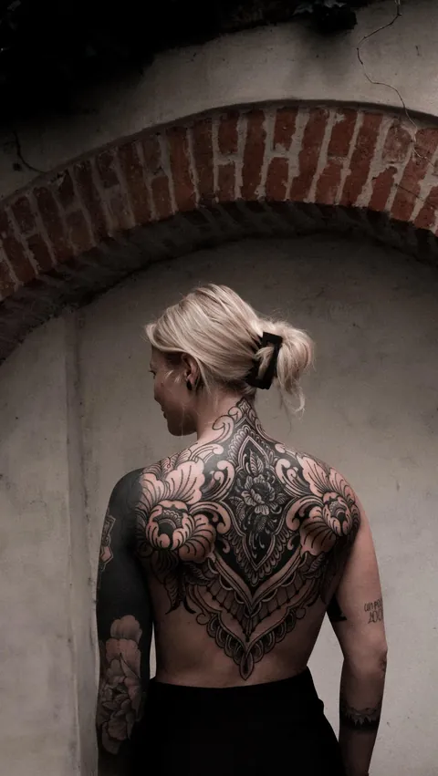 ornamental backpiece tattoo with cover up by Inkstasia (me) based in Warsaw, Poland
