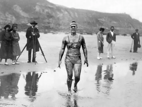 Gertrude Ederle when she crossed the english channel, 26 of August of 1926. Done in 14hr and 31 min, beating the male record of 16hr and 33 min.