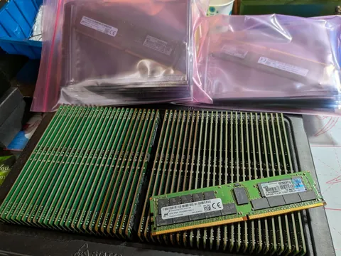 2 years ago, my dad's company bought new servers and immediately upgraded the RAM. They were going to throw away the replaced sticks so he saved them from the dumpster and gave them to me. I present to you 72x32GB HPE DDR4-2666MHz ECC RDIMMs.