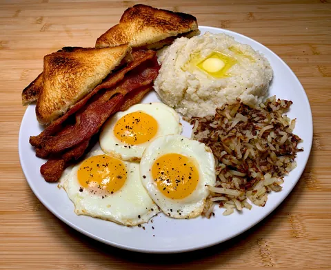 Bacon and Eggs with Grits, Hash Browns and Toast