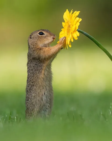 Squirrel Stops to Smell a yellow daisy