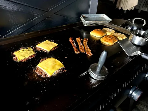 Bacon double smash burger with [homemade] mustard pickles