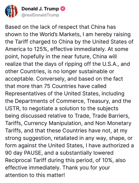 Trump raises tariff on China to 125%.
