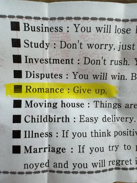 Met a cute girl from Ireland on my Japan trip. Went to a shrine and got this fortune shortly after