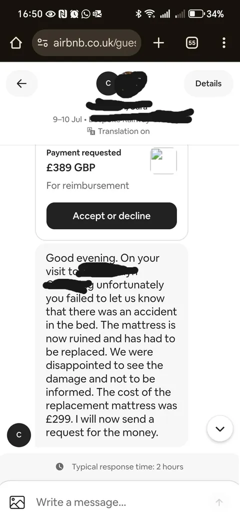 Stayed in an Airbnb. Host claimed I damaged the mattress. Asking for money. Turns out they took an image from the Internet.