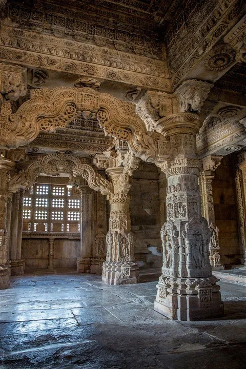 The Architecture inside of the 1100 years old Sahastrabahu Temple in Rajasthan, India.