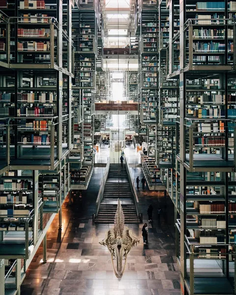 Biblioteca Vasconcelos with a matrix of suspended, expandable shelves designed by the Mexican architects Alberto Kalach and Juan Palomar, Buenavista, Cuauhtémoc, Mexico City, Mexico.