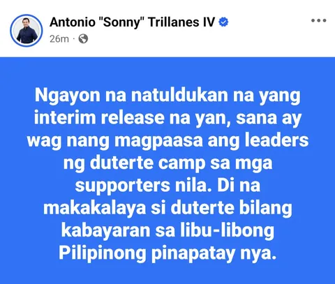ICC complainant Sonny Trillanes releases statement after ICC denies Duterte interim release