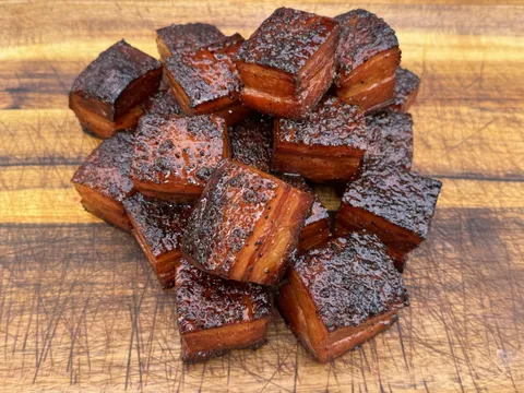 [homemade] Smoked Pork Belly Pork Belly with peach habanero glaze.