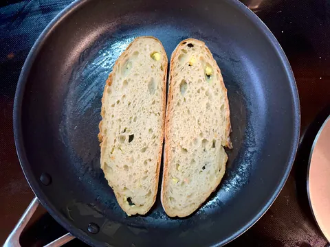 Mozzarella, tomato, and pesto melt on [homemade] bread
