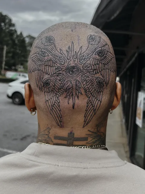 Seraphim head tattoo, by Angelina Kaduk at Thunderbolt Tattoo in Atlanta GA