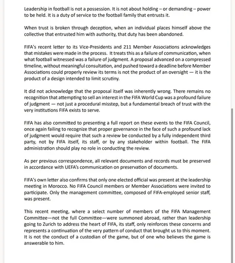 Joint statement from chiefs of UEFA, AFC &amp; CONCACF critical of FIFA - “No recognition that attempting to sell an interest in the FIFA World Cup was a profound failure of judgment — not just a procedural misstep, but a fundamental breach of trust”