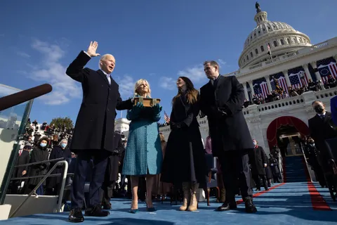 Joe Biden taking the oath while his family stood by during Presidential Inauguration in January 2021
