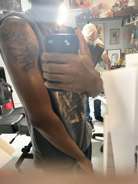 Iron Maiden: Powerslave album cover tattoo, left shoulder, Tim Smith, Albany ga,