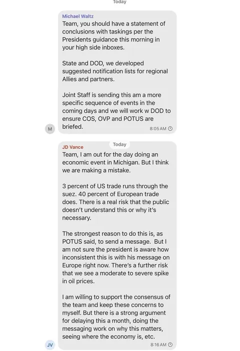 Le contenu entier des conversations Signal des USA sur les frappes au Yemen et la confirmation que leur but ultime est de nuire aux Européens