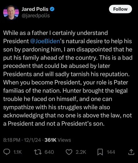 Democrat Governor Jared Polis criticizes President Biden on pardoning his son