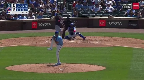 Cubs pitcher Matthew Boyd somehow catches this come-backer and avoids being hit in the head