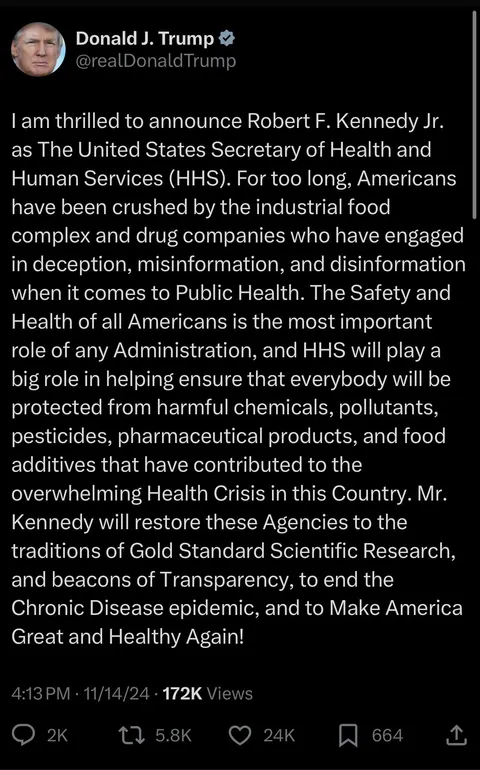 President elect Trump announces that Robert F Kennedy Jr will be the Secretary of HHS