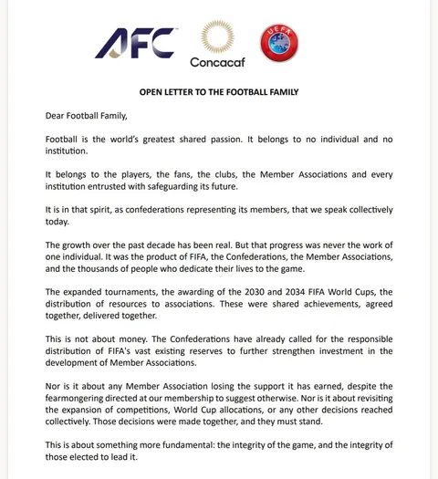 Joint statement from chiefs of UEFA, AFC &amp; CONCACF critical of FIFA - “No recognition that attempting to sell an interest in the FIFA World Cup was a profound failure of judgment — not just a procedural misstep, but a fundamental breach of trust”