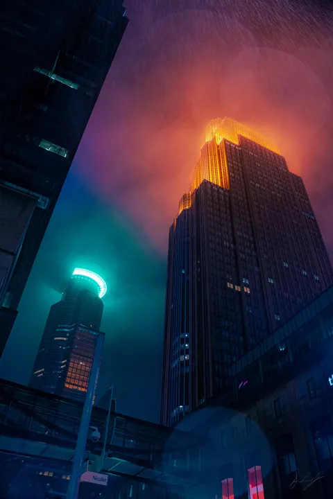ITAP of two buildings in Minneapolis during a rainstorm