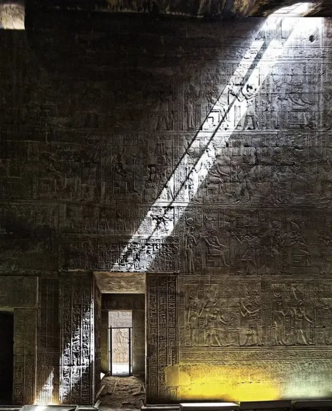 Wall of the Temple of Horus in Edfu, Egypt, built by the Ptolemids between 237 and 57 BCE.