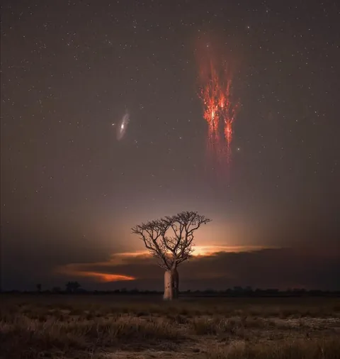 Photographer JJ Rao captures Red sprites and the Andromeda Galaxy in a single photo over Kimberley, Western Australia