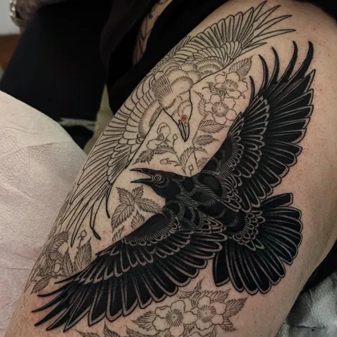 Crows, work in progress by Kate DeCosmo (me) at Honey Tattoo in Tallahassee FL 