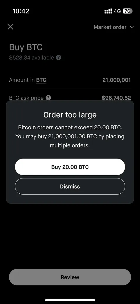 Guys I want to buy 21,000,001 BTC… but can only do 20 at a time. What gives?