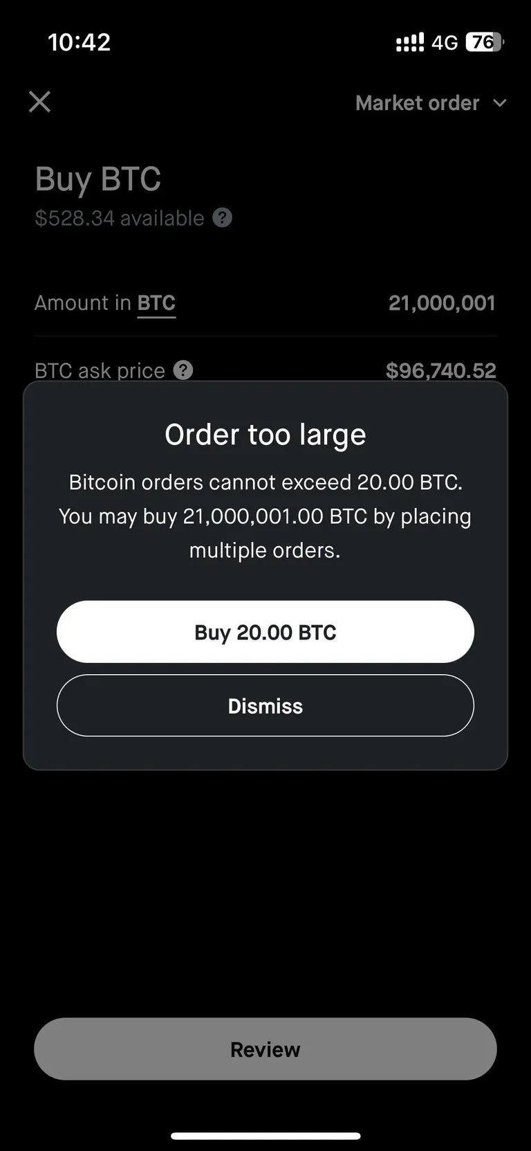 Guys I want to buy 21,000,001 BTC… but can only do 20 at a time. What gives?