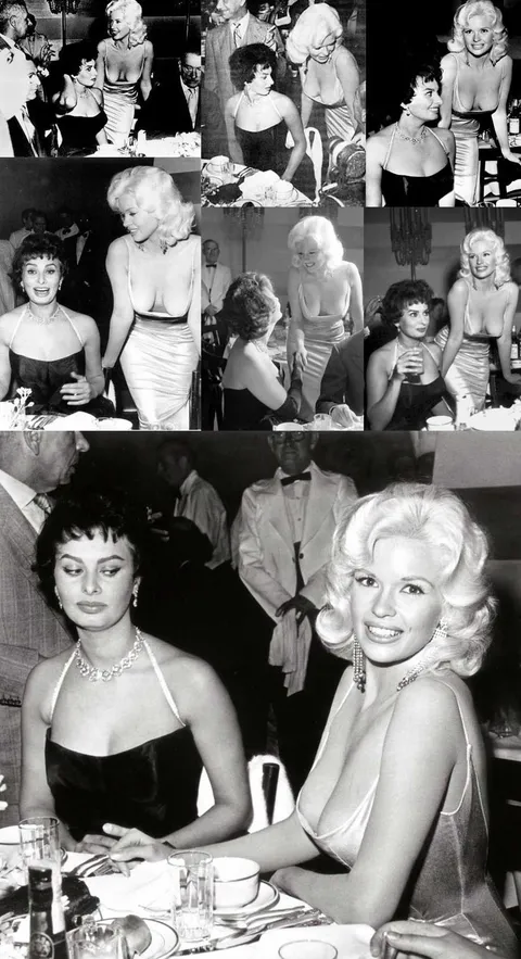 Sophia Loren and Jayne Mansfield at Romanoff's restaurant in Beverly Hills, 1957