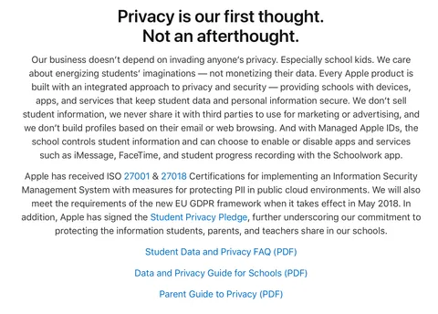 Apple is getting pretty aggressive with their privacy stance. "We care about energizing students' imaginations -- not monetizing their data."