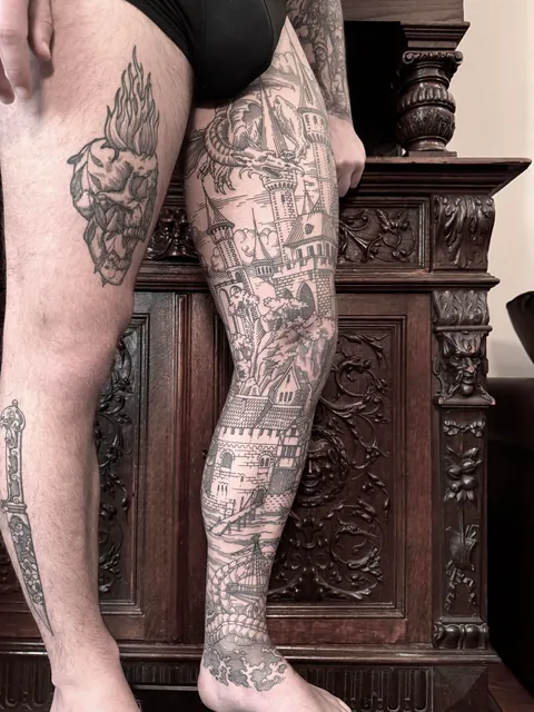Full leg tattoo made by me (Ivan Zagusta) at Zaraza tattoo shop in Warsaw, Poland.
