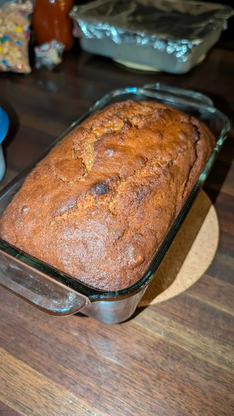 I baked banana bread for the first time. Woke up and an entire slice was in the trash with a bite out of it