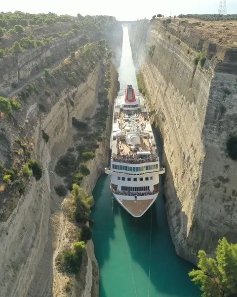 A ship passes through the Corinth Canal, Greece.