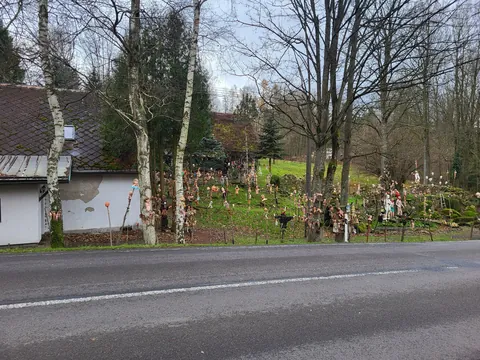 This house near my town. Many years ago it started "only" with hanged babies. Now there are heads on spikes and mannequins too.