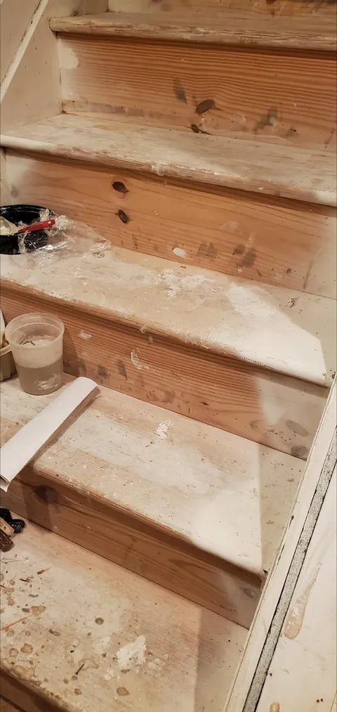 Carpeted pine stairs → sanded and stained wood (first woodworking project from start to finish)